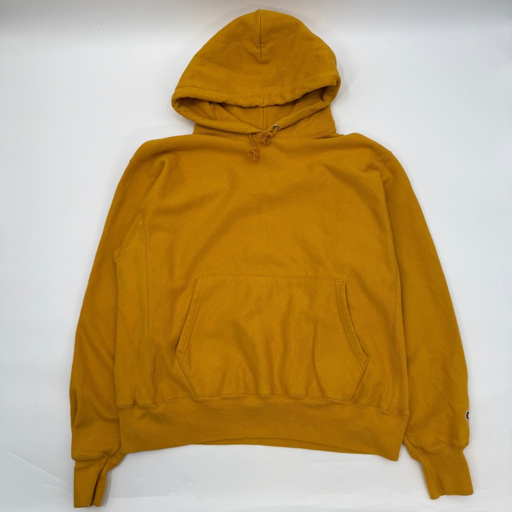 Champion Mens Large Hoodie Mustard Yellow Reverse Weave Pullover Sweatshirt